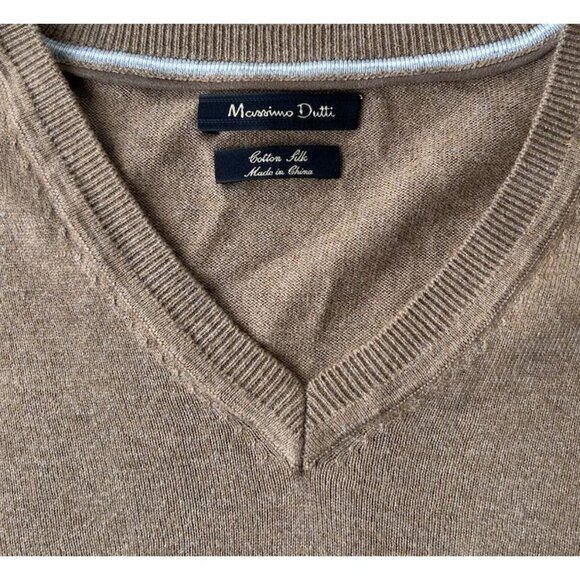 Massimo Dutti V-Neck Sweater Cotton/Silk Men's Size Large Brown Elbow Patches - Picture 5 of 6